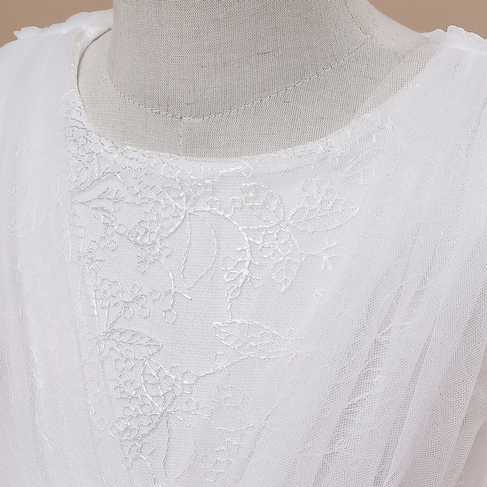 Summer Flower Girls Dress Bow Long Sleeve Wedding Ball Gown Child Host White Dress