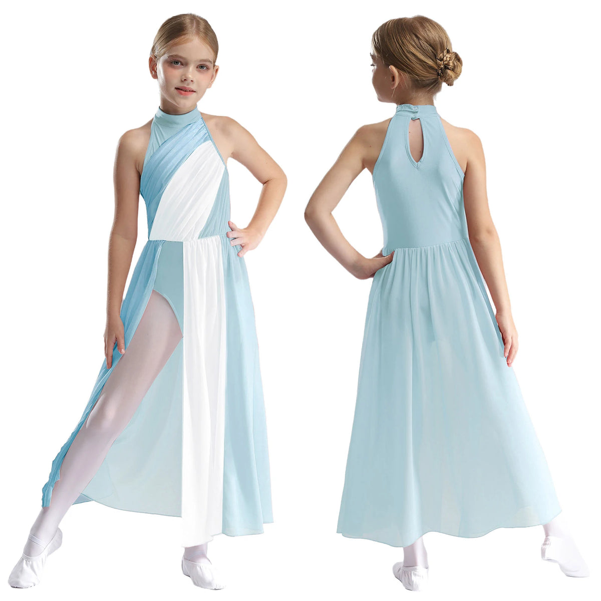 Girls Delicate 3D Flower Lyrical Dance Dress Asymmetrical Ruched Long Dress Gymnastics Modern Dance Clothes Performance Dress