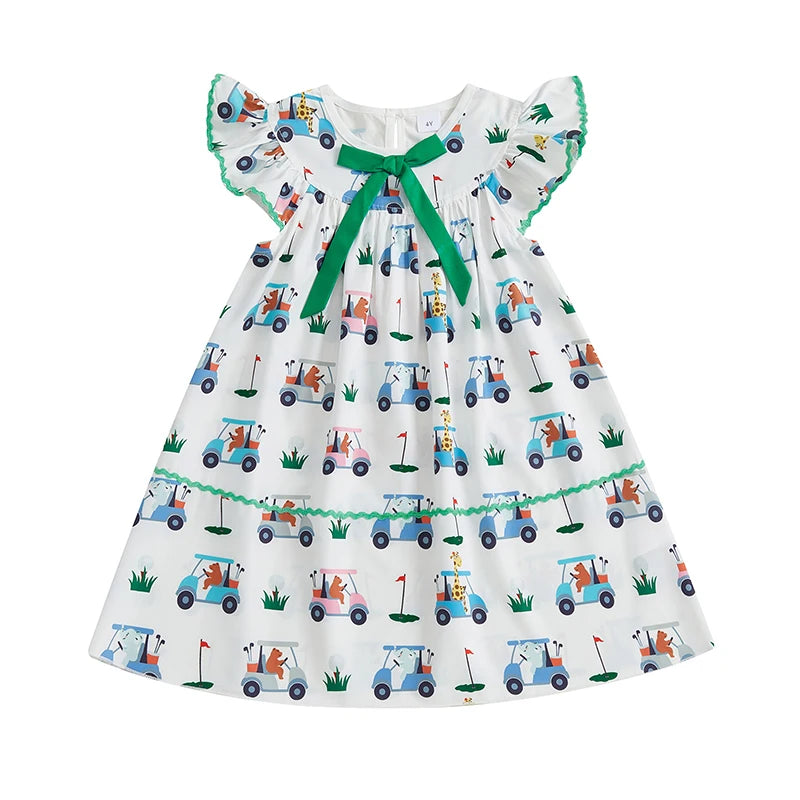 Girls Summer Sleeveless Round Neck Floral Print A-line Dress with Bow Detail