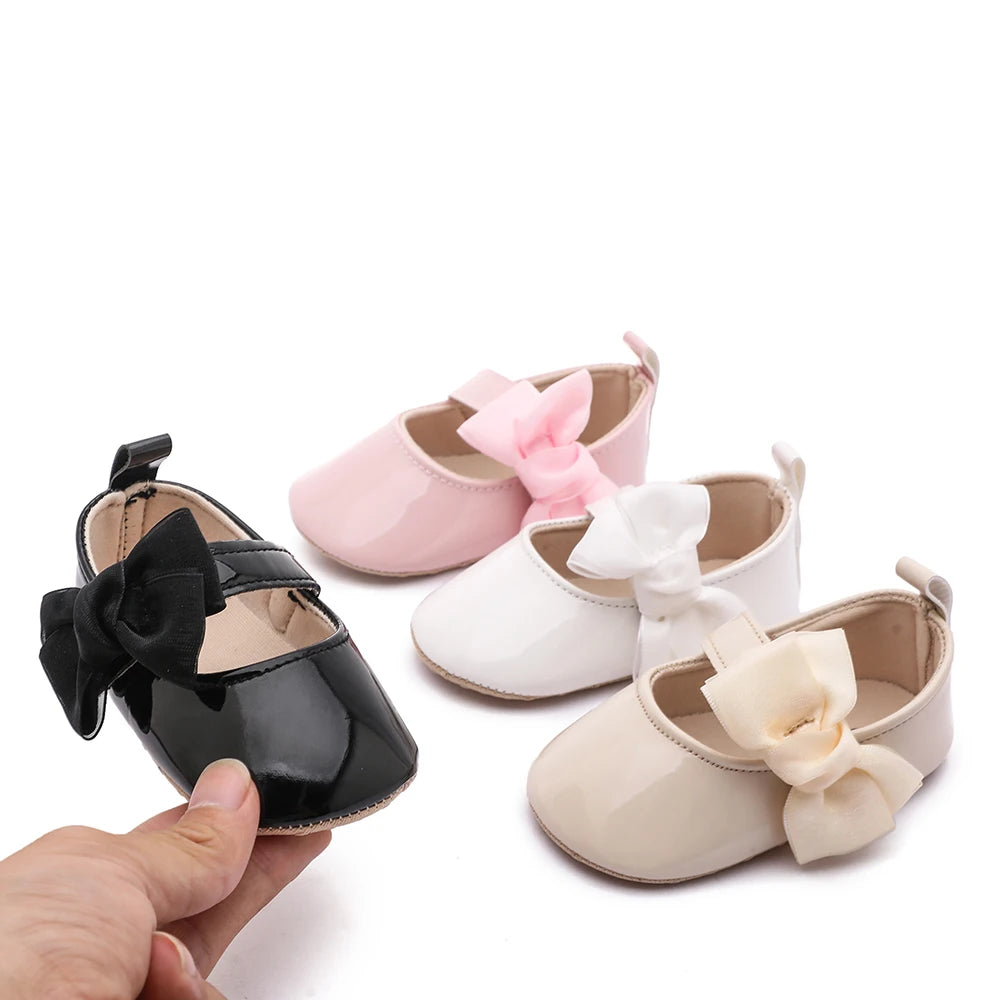 Baby Girls Bow Mary Jane Shoes Soft Non Slip Sole Magic Tape Lightweight Infant Pre Walker Newborn Crib Shoes For Daily Party We