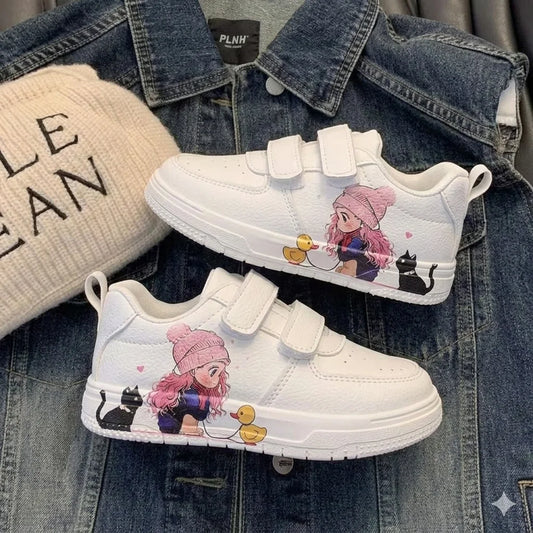 Girls White Shoes with Cartoon Girl Cat Prints Kids Casual Sneakers Fashion 2026