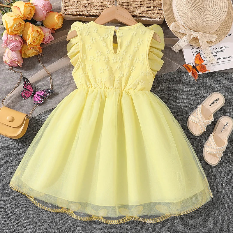Dress For Girls Yellow O-Neck Fly-Sleeve Tulle Bowknot
