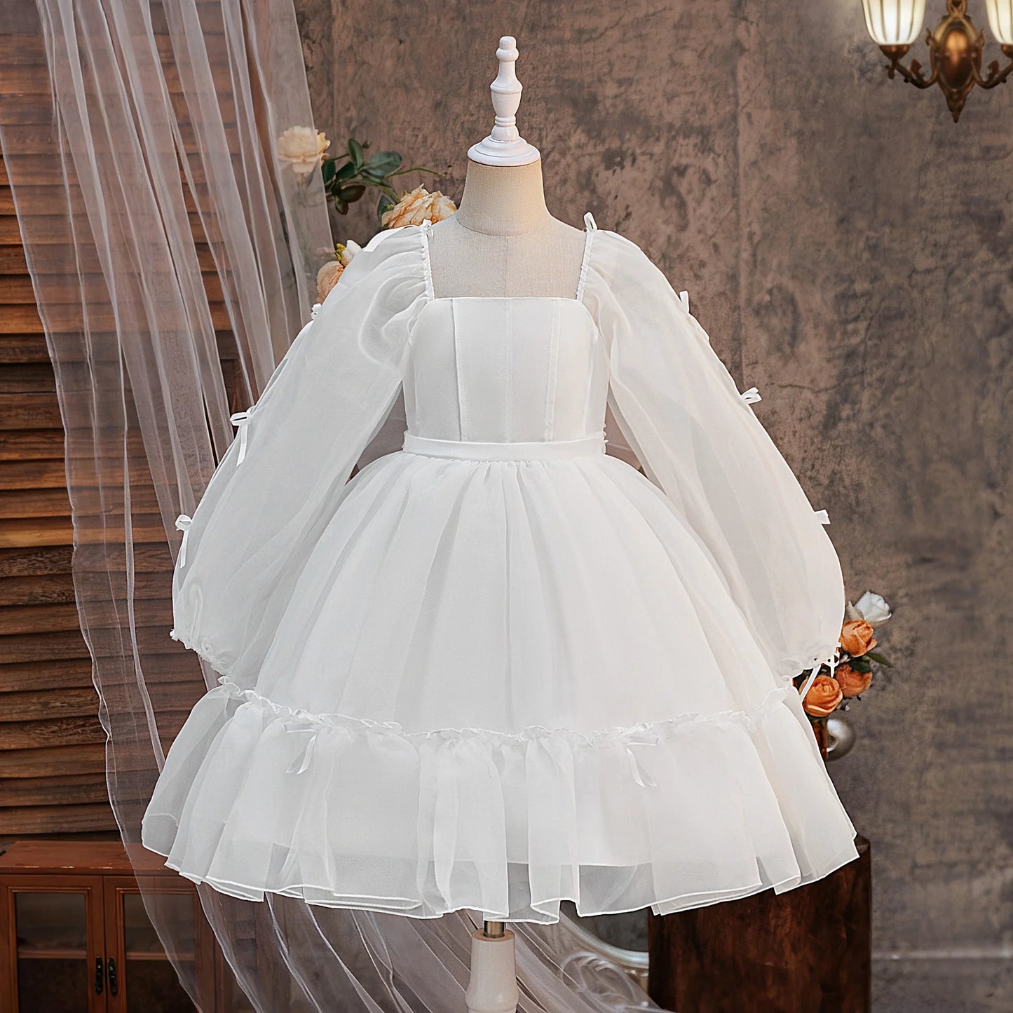Elegant White Bridesmaid Prom Girls Dresses Gala Wedding Gown Bow Birthday Party Dress