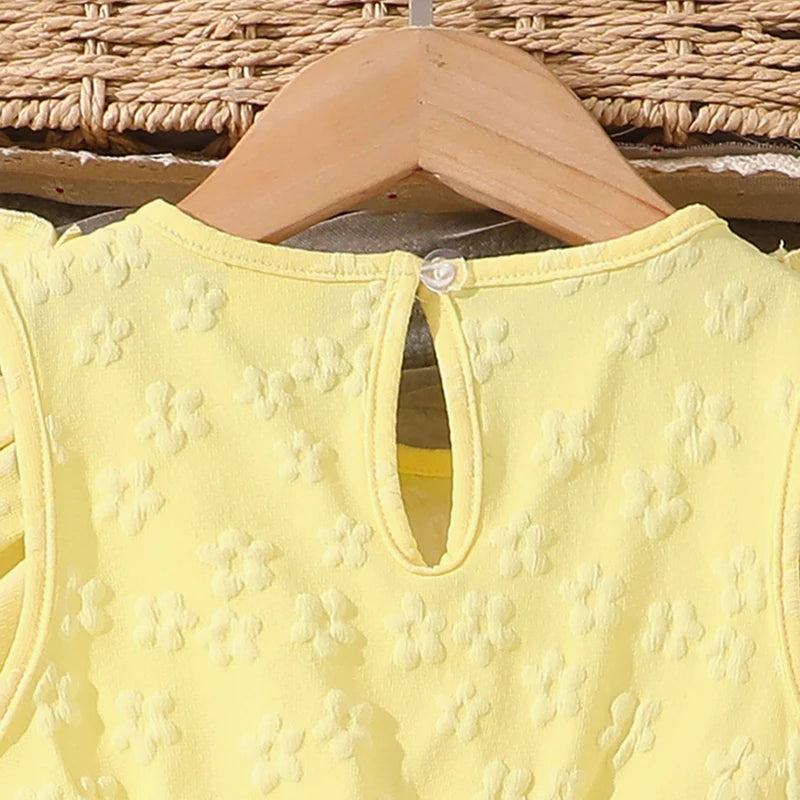 Dress For Girls Yellow O-Neck Fly-Sleeve Tulle Bowknot