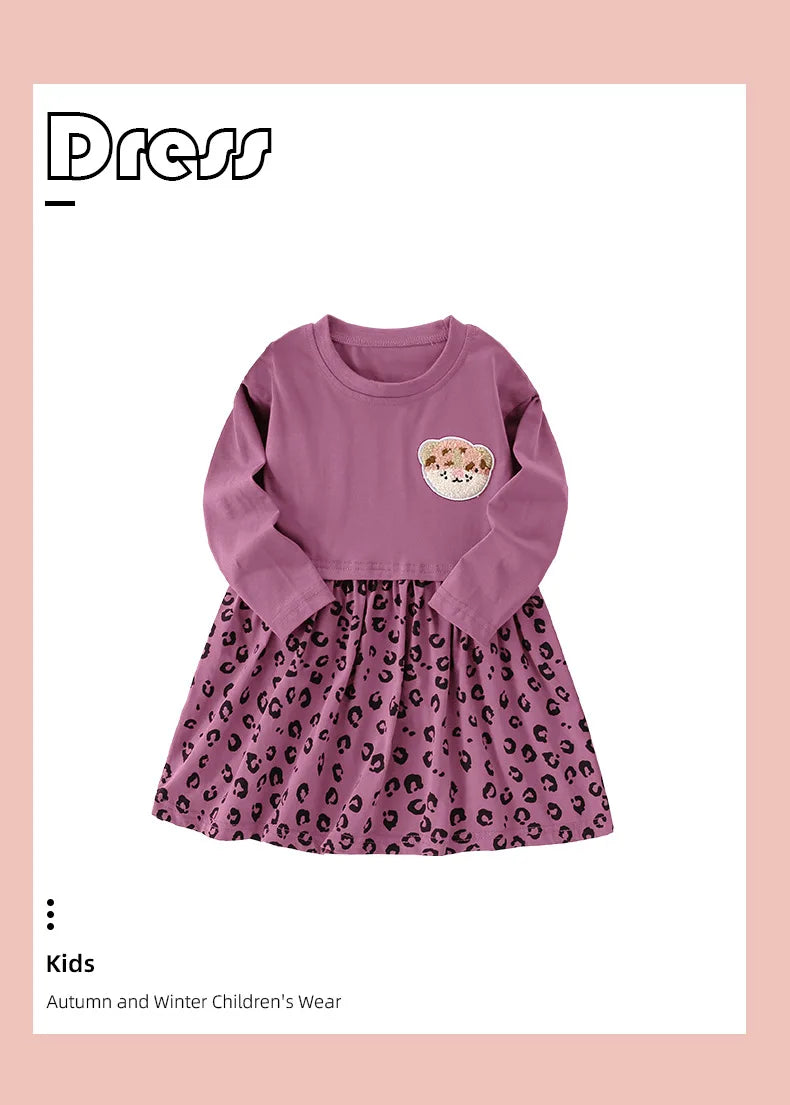 Girls Dress 2025 Spring Autumn New Europ-America Style Round Neck Leopard Pattern Dress