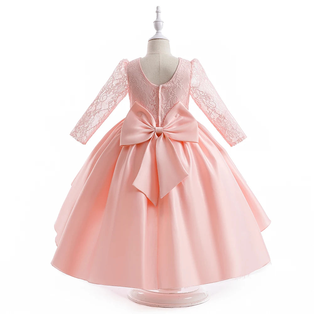 Summer White Lace Bridemaid Girl Dress Trailing Long Sleeve Flower Princess Dress