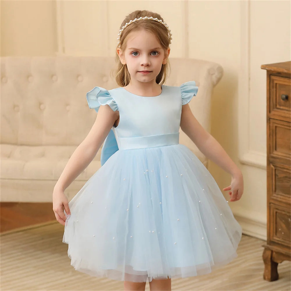 Toddler Girl Flower Birthday Tulle Dress Backless Bow Wedding Party Dress