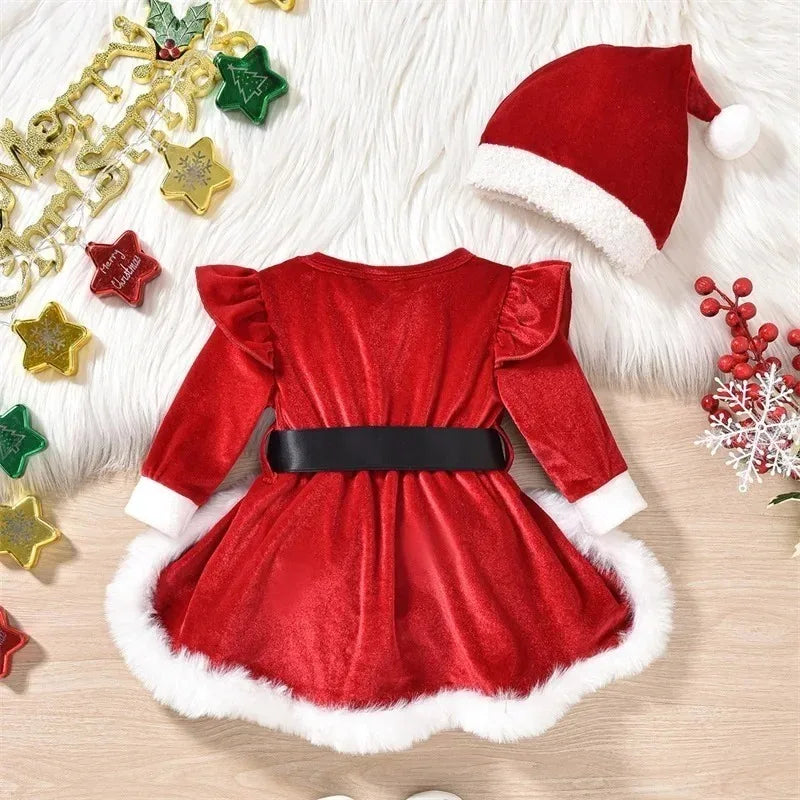 Baby Girl's Christmas Velvet Dress with PP shorts & Hat Set ,Pom pom Trim baby girl Dress