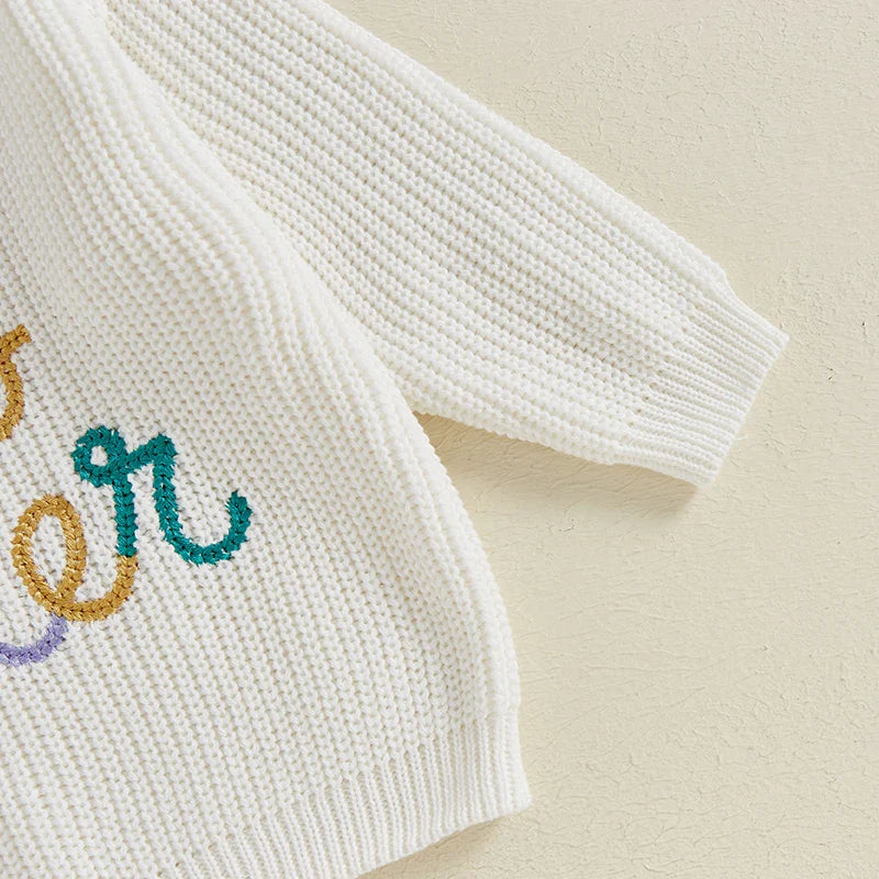 Nahiomy Girls Big Sister Fall Winter Sweater Casual Letter Flower Embroidery