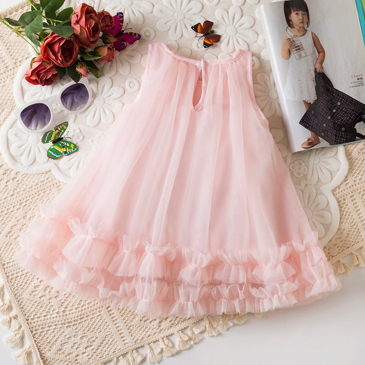 Toddler Girl Princess Pink Flower Decorated Wedding Party Dress