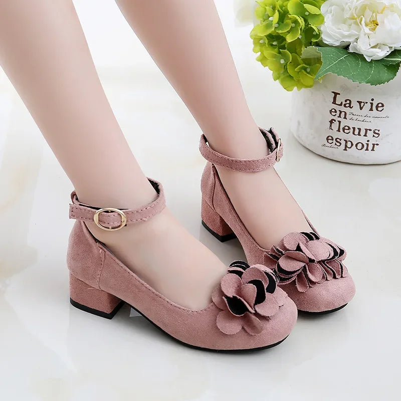 Girls Party Shoes High Heeled Fashion Princess with Flowers Sweet Chic Kids Leather Shoes for Wedding Model Shoes Ankle-strap