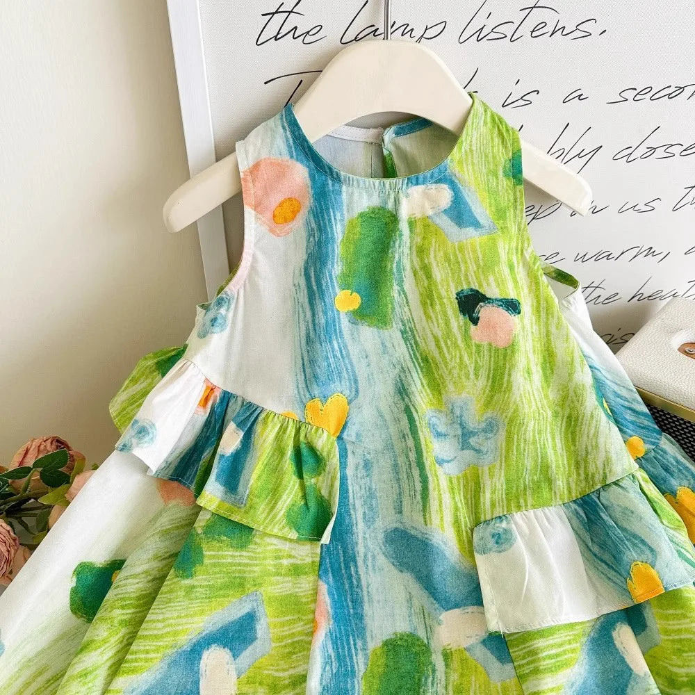 Girls Casual Dresses Flower Printing Ruffled Sleeveless Casual Dress