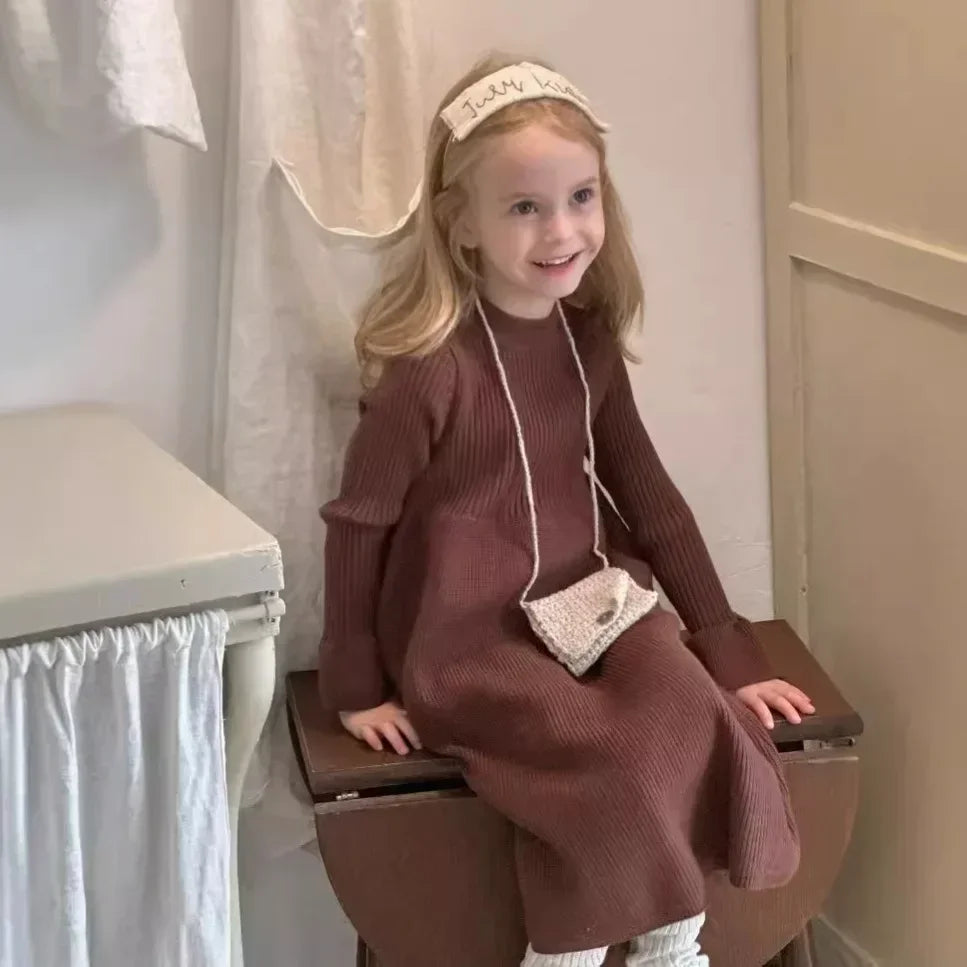 4950-1 Girls Dress 2024 Autumn and Winter New Korean Children's Solid Color Princess Dress