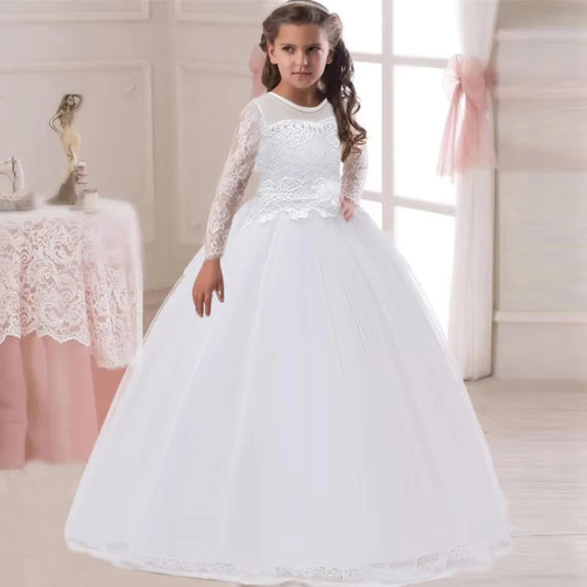 Long Sleeve White Bridemaid Girl Party Dresses Wedding Costume Bow Lace