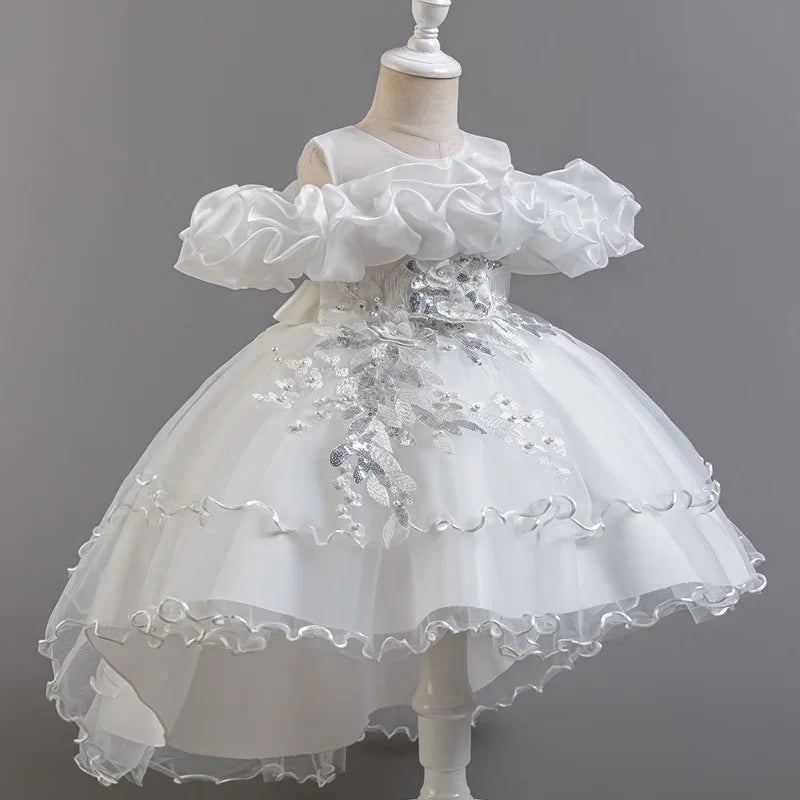 Girls Flower Girl Dress with Train Tulle Princess Gown Christmas Birthday Party Pageant Formal Dresses Kids Children Clothing
