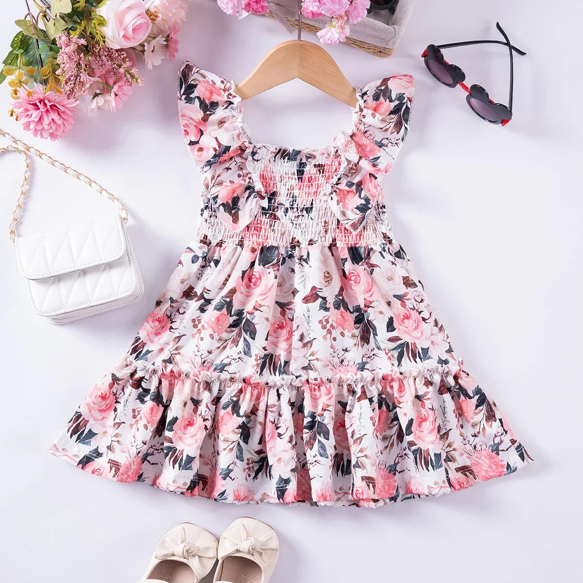 Summer Girls New Flying Sleeve Dress Floral Print Skirt