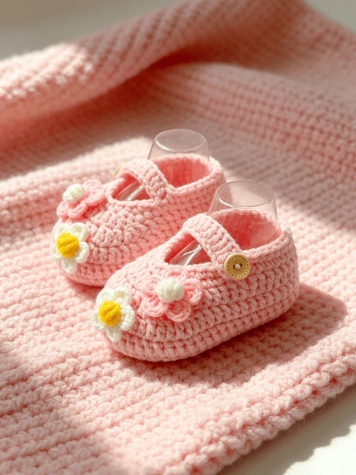 1 Pair Crochet Baby Girl Booties, Pink, Handmade Knit Shoes with Daisy Flower Detail and Button Strap