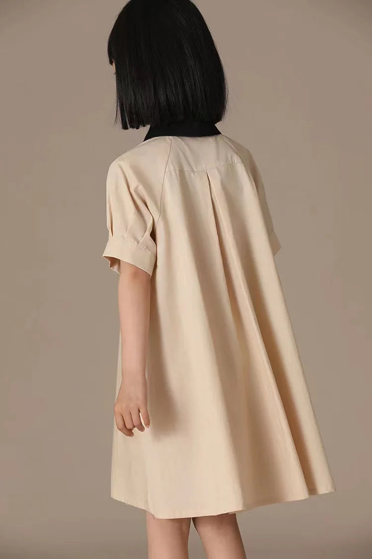 Girls Dress 2025 Spring Summer New Simple Temperament Cotton Contrasting Turn-down Collar Dress
