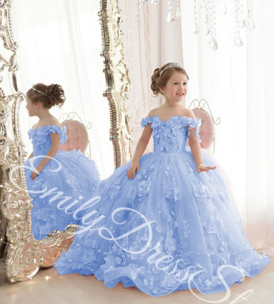 Customized Sky Blue Flower Girl Dress For Wedding Tulle Applqique Luxury Puffy Princess Kids Birthday First Communion Ball Gown