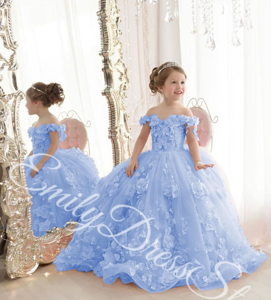 Customized Sky Blue Flower Girl Dress For Wedding Tulle Applqique Luxury Puffy Princess Kids Birthday First Communion Ball Gown