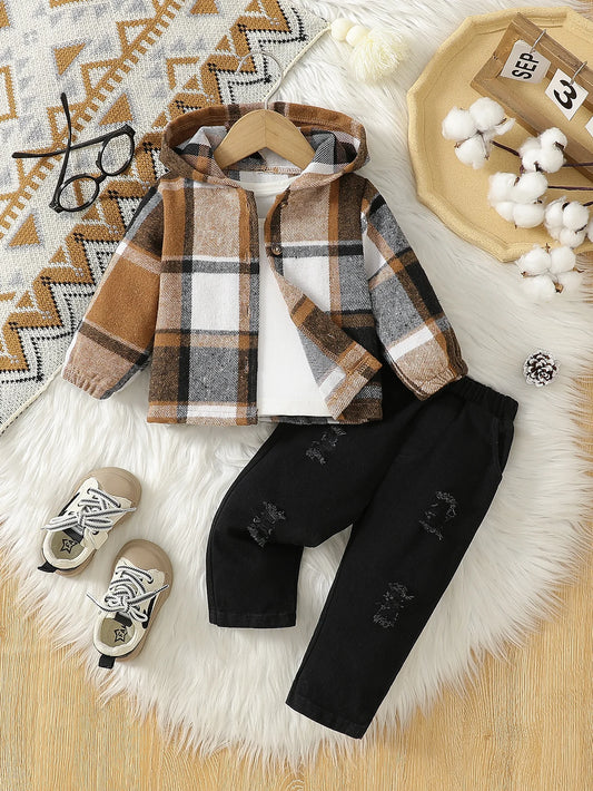 Baby Boy Autumn Outfit with Striped Hooded Jacket