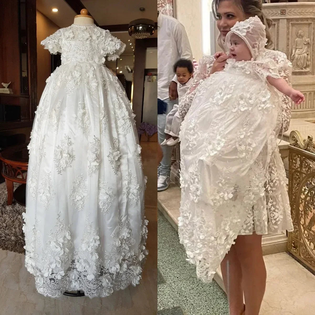 Customized Baptism Dress Baby Girls Robe Lace Christening Gown With Bonnet Off