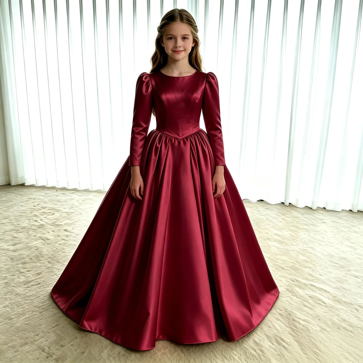 Girls First Communion Dress New Long Sleeves Satin Elegant Tail Evening Gown Girls Wedding Party Princess Dress for Juniors