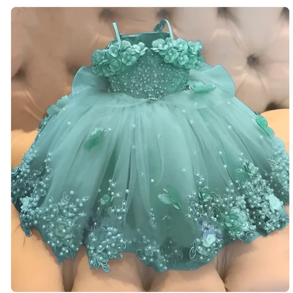 Baby Girls Dresses Off Shoulder Pearls Lace Butterflies Flower Princess Dress