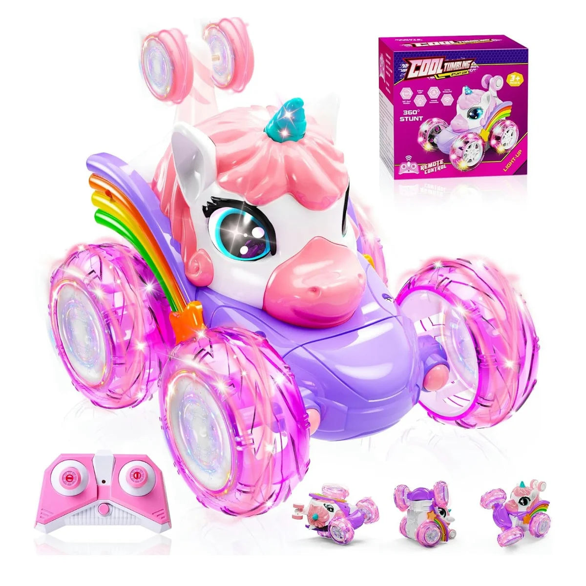 Unicorn Remote Control Car for Girls, 360° Rotating 4WD Stunt RC Cars with Cute Lights