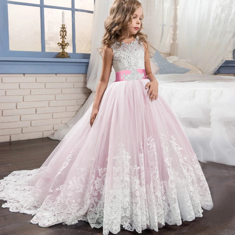 Kids Party Dress For Girls Wedding Bridesmaid Gown Lace Flower