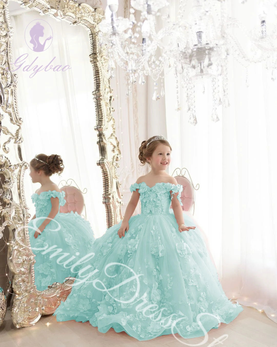 Customized Sky Blue Flower Girl Dress For Wedding Tulle Applqique Luxury Puffy Princess Kids Birthday First Communion Ball Gown