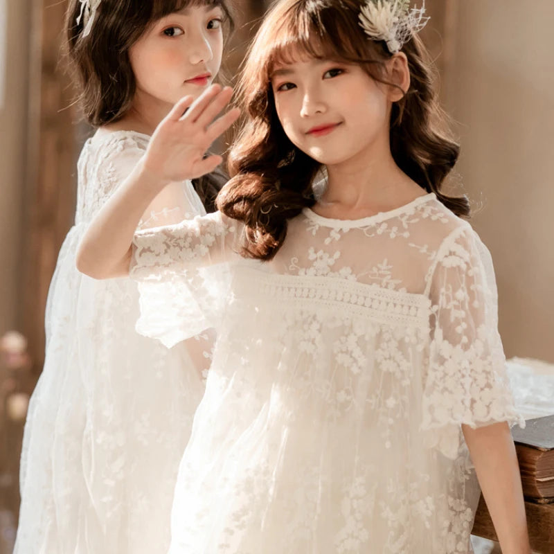 Teen Girls White Lace Dress Cute Long & Short Sleeve Princess Wedding Party Dress
