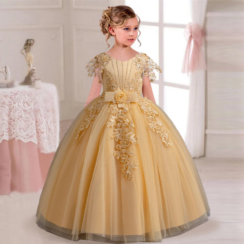 2025 New Elegant Girl Wedding Dress Embroidered Mesh Princess Dress