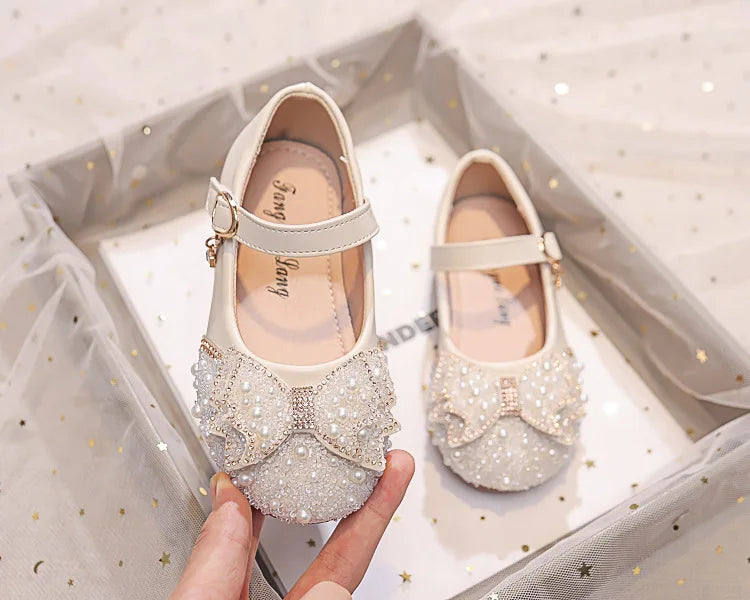 Autumn Fashion Pearl Bow Rhinestone Little Girl Shoes Flat Heels Kids Princess Shoes