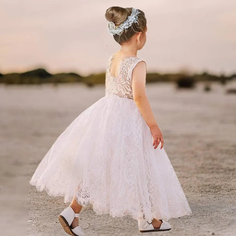 New Girl Princess Dress White Lace Long Dress Wedding Flower Open Back Dress