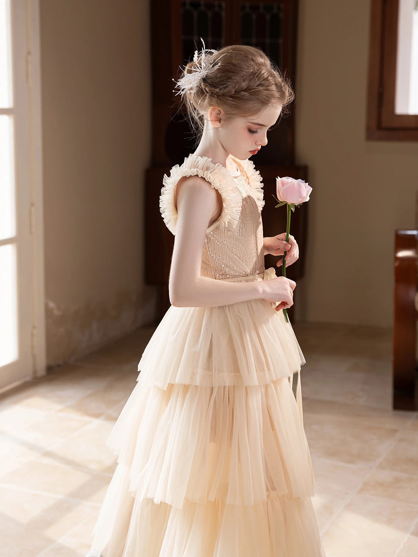 Girl party dress champagne-colored high-end dress set for birthday wedding Dress