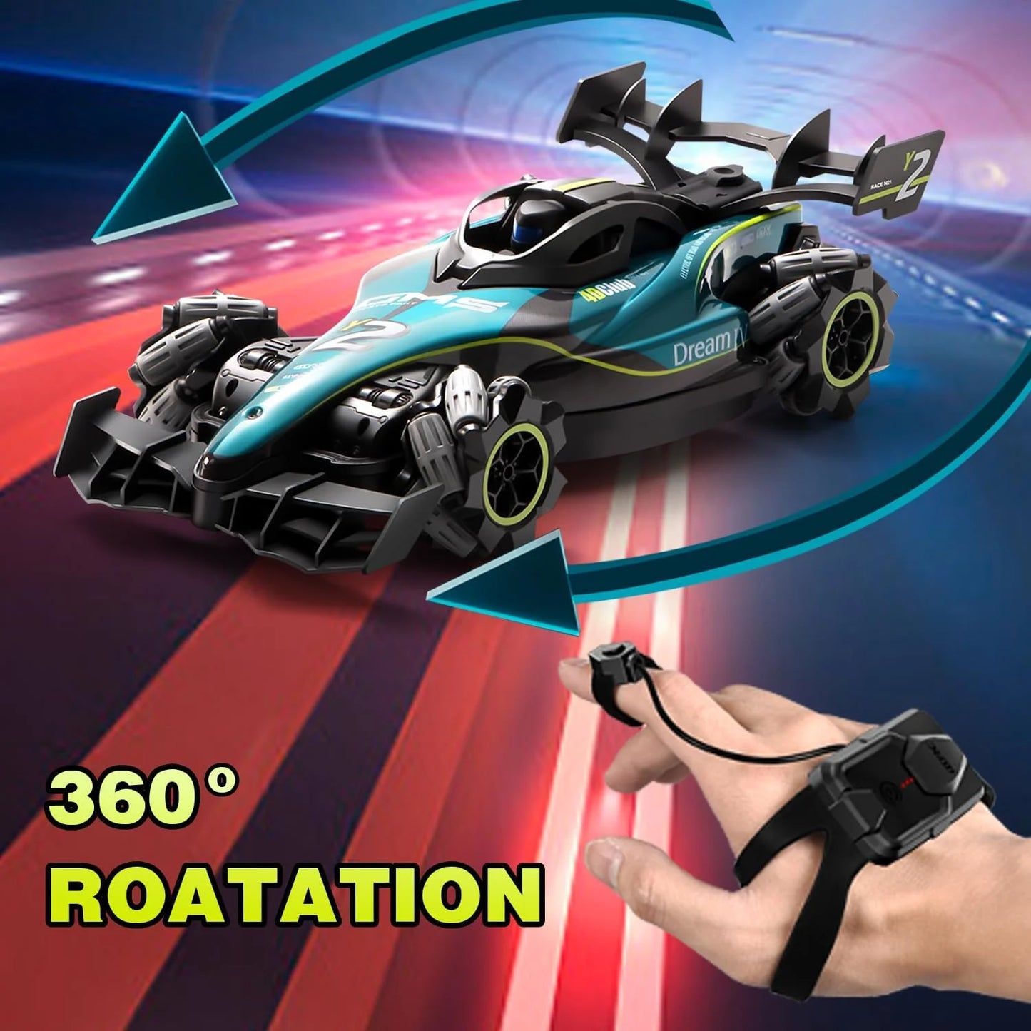 Y2 RC Car, Drift Car with Light Spray, 2.4Ghz 4WD 360° Remote Control Racing Stunt Cars Electric Toys Model Gifts for Kids Boys