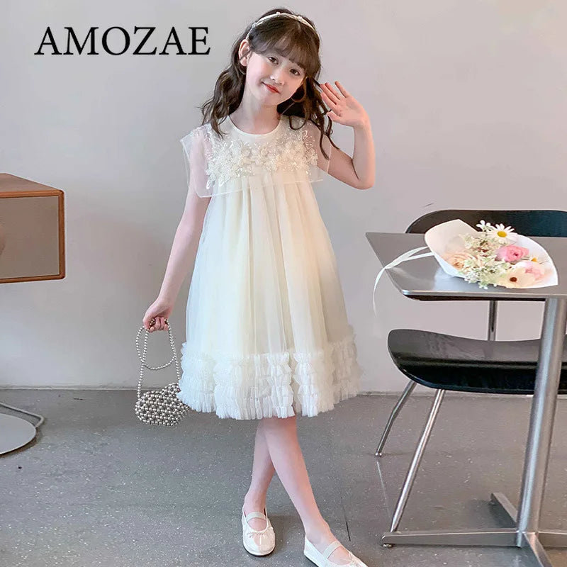 Summer Dress for Girls with Flying Sleeves Three-dimensional Flower Mesh