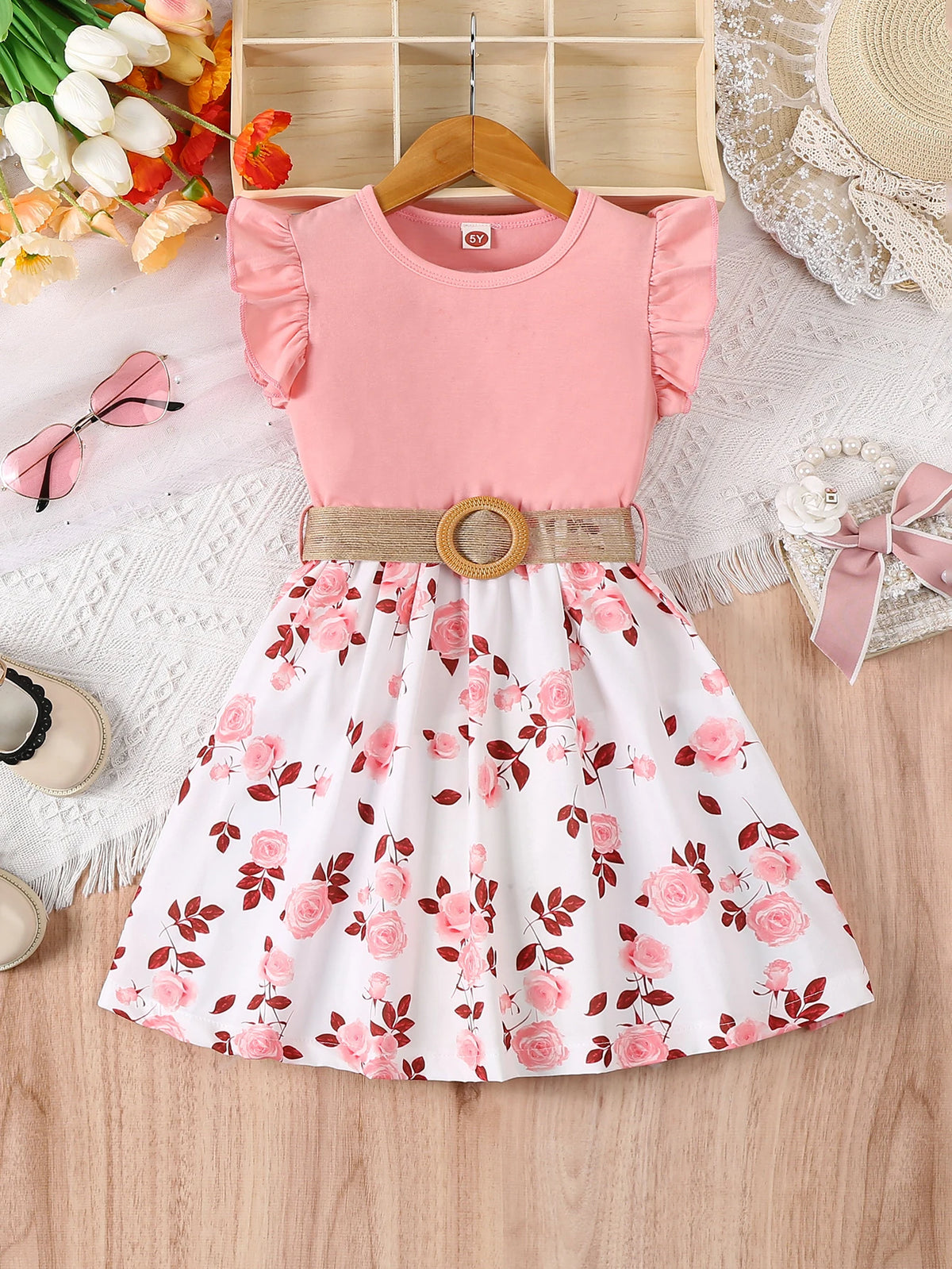 Girl's Casual Romantic Floral Print with Ruffled Edges and Small Flying Sleeves, Waist Cinching Dress (Including Belt), Summer