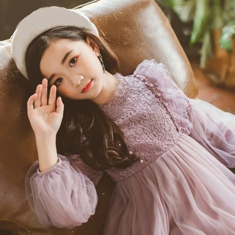 Spring Autumn Kids Girls Dresses Lantern Sleeve Lace Princess Dress