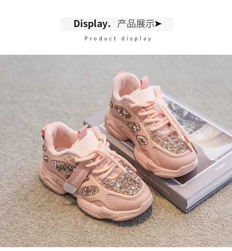 2022 Spring Fashion Women Sneakers Kids Toddler Girl Shoes Rhinestones Glittering Childen Outdoor Leisure Sports White Shoes Red