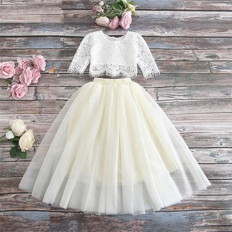 Children Set Clothing for Girls Half Sleeve Lace Top+Champagne Pink Long Skirt dress