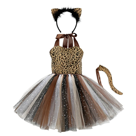 Girl's Halloween Stage Performance Costume Leopard Animal Roleplay Outfit  Children's Dress