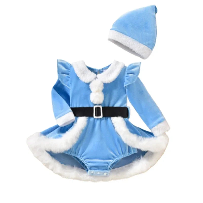 Baby Girl's Christmas Velvet Dress with PP shorts & Hat Set ,Pom pom Trim baby girl Dress