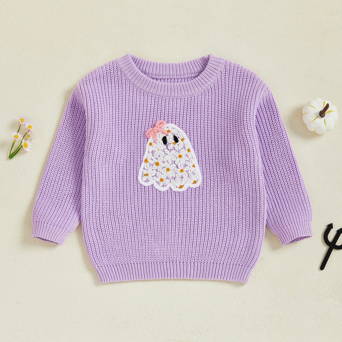 Kimberly Girl Halloween Sweater Long Sleeve Round Neck Ghost