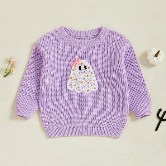 Kimberly Girl Halloween Sweater Long Sleeve Round Neck Ghost