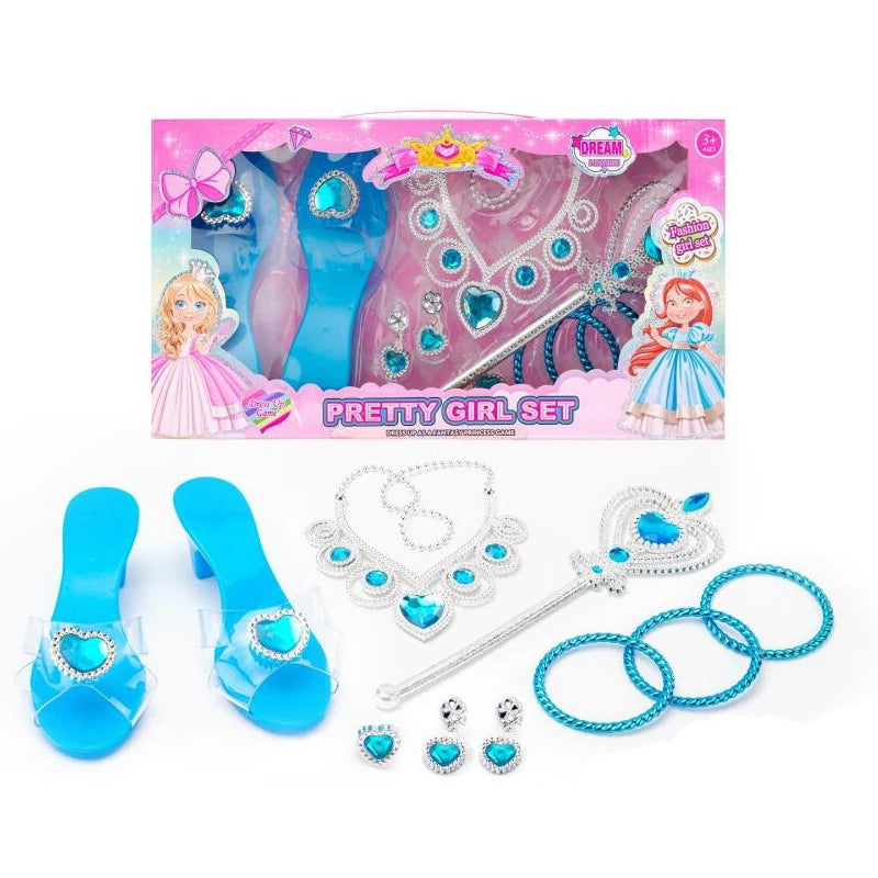 Girls Jewelry Toys Set Crystal Shoes Necklace Crown Earrings Bracelet Play Makeup Dress Up Princess Toys for Kids Role Play
