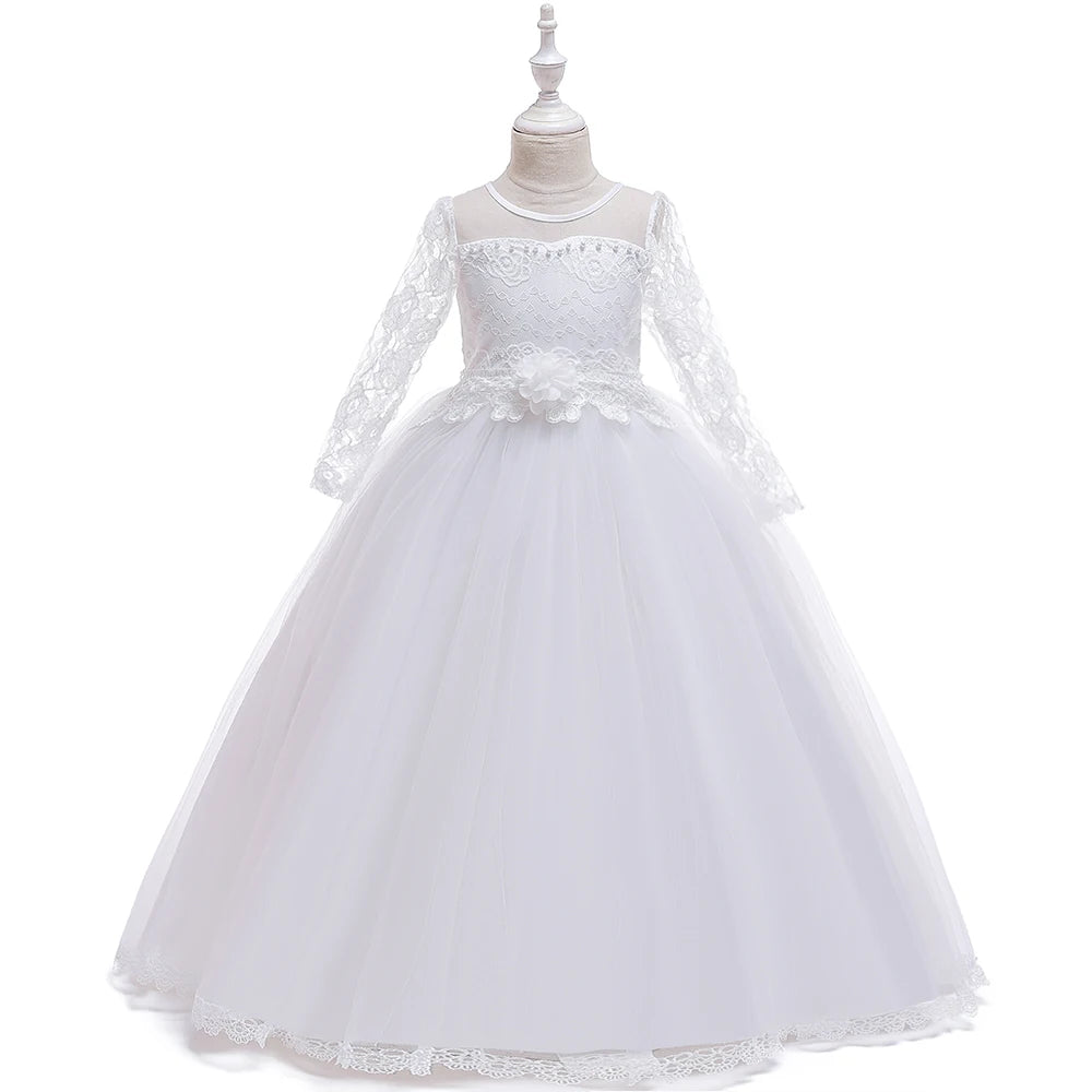 Long Sleeve White Bridemaid Girl Party Dresses Wedding Costume Bow Lace