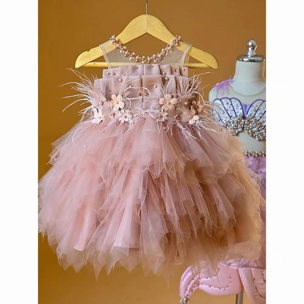 Baby Girl Party Dress Princess Birthday Clothes Back Bow Wing Solid Color Strap Dress Summer Mesh Baby Dress