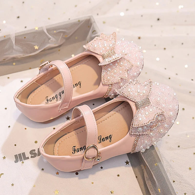 Autumn Fashion Pearl Bow Rhinestone Little Girl Shoes Flat Heels Kids Princess Shoes